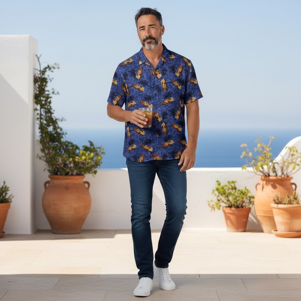 M. E. Sport Men's Button Up Short Sleeve Silk Blue Shirt  Panel Wagon Pattern XL